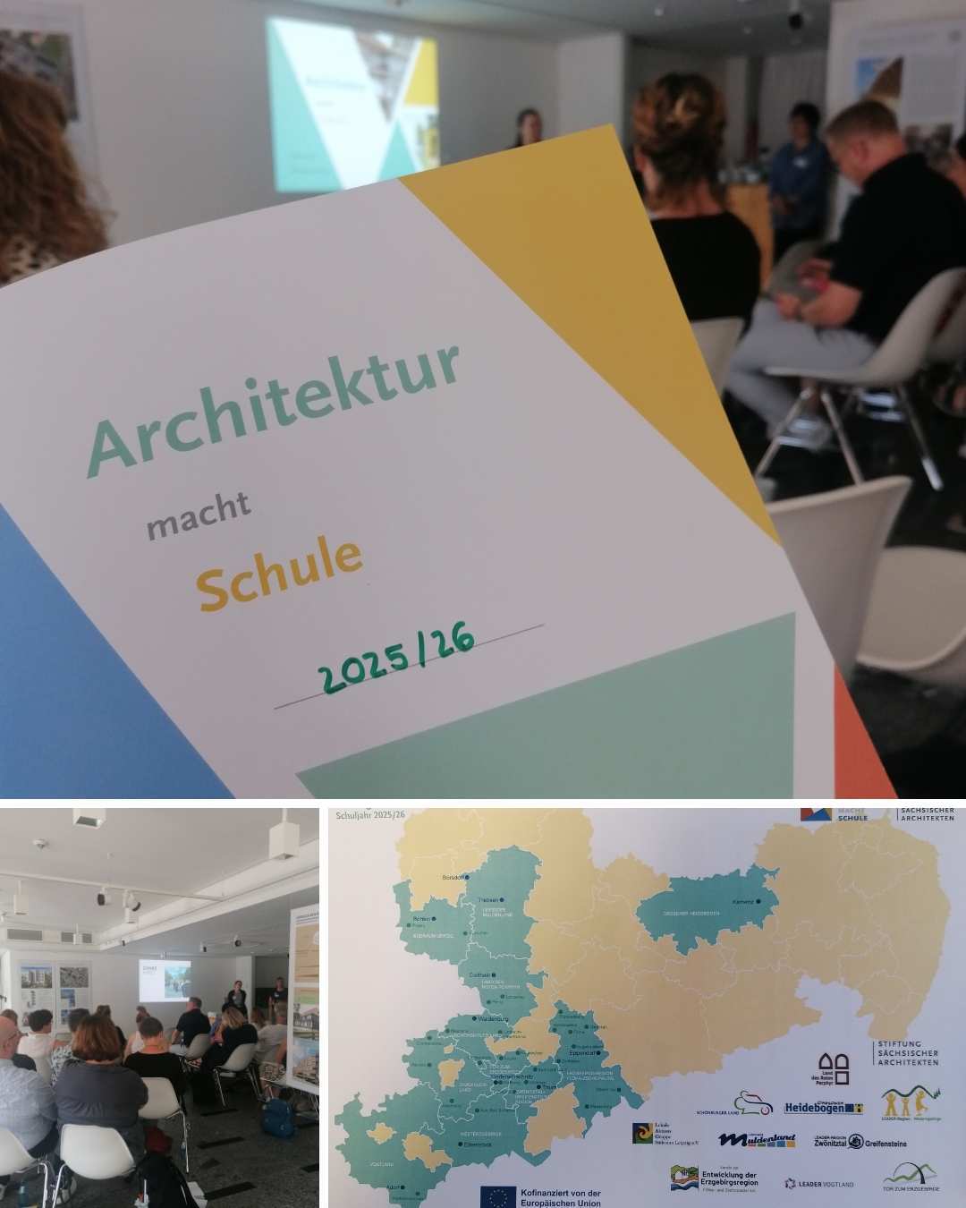 Das Bild bestehet aus drei Teilbildern. Das Obere zeigt eine weiße Mappe mit grünen, orangen und blauen Gestaltungselementen. Die Mappe trägt die Aufschrift: "Arcitektur macht Schule 2025/26" und im Hintergrund ist ein Klassenzimmer zu sehen. Das linke untere Bild zeigt außerdem eine Klassenzimmersituation. Das rechte untere Bild zeigt eine Karte vom Bundesland Sachsen, bei der die verschiedenen Landkreise entweder grün oder orange eingefärbt sind. Unter der Karte sind die Logos der verschiedenen Fördermittelträger zu sehen. Das Bild bestehet aus drei Teilbildern. Das Obere zeigt eine weiße Mappe mit grünen, orangen und blauen Gestaltungselementen. Die Mappe trägt die Aufschrift: "Arcitektur macht Schule 2025/26" und im Hintergrund ist ein Klassenzimmer zu sehen. Das linke untere Bild zeigt außerdem eine Klassenzimmersituation. Das rechte untere Bild zeigt eine Karte vom Bundesland Sachsen, bei der die verschiedenen Landkreise entweder grün oder orange eingefärbt sind. Unter der Karte sind die Logos der verschiedenen Fördermittelträger zu sehen.